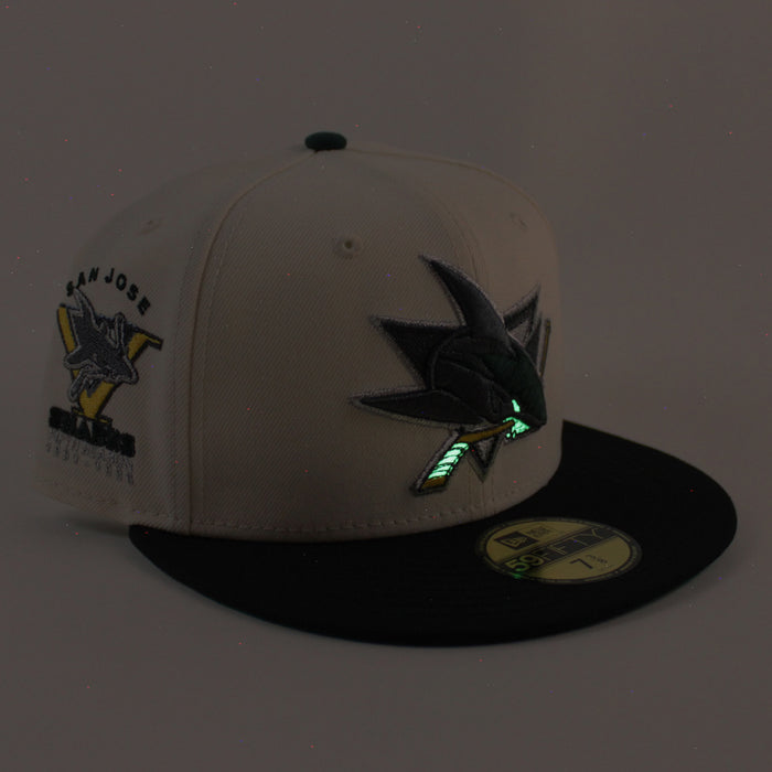 Retro San Jose Sharks 5th Season New Era 59Fifty Fitted Hat (Chrome White Black Green Under Brim)