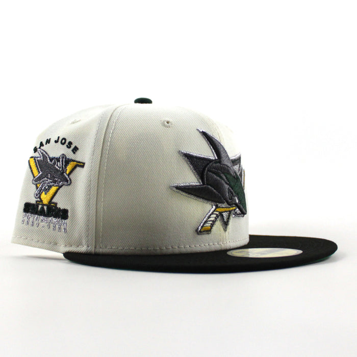 Retro San Jose Sharks 5th Season New Era 59Fifty Fitted Hat (Chrome White Black Green Under Brim)