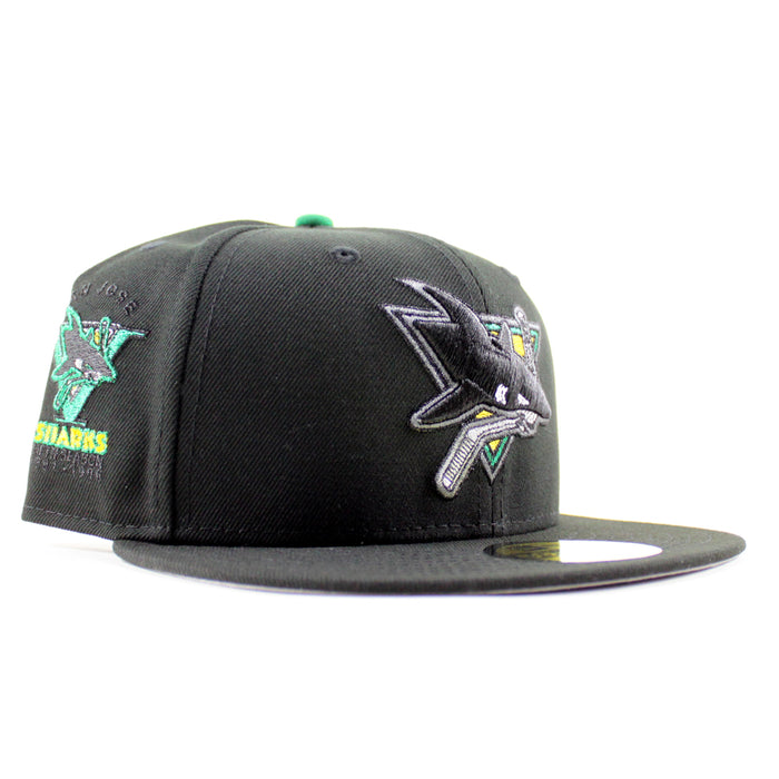 Retro San Jose Sharks Sharks Patch New Era 59Fifty Fitted Hat (Black Gray Under Brim)