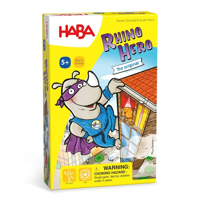 HABA Rhino Hero toy box with cartoon rhino character on a yellow background