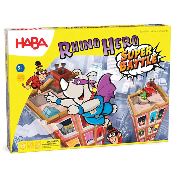 HABA Rhino Hero Super Battle game box with cartoon characters on a white background
