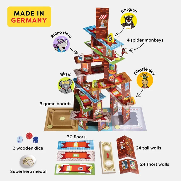 Contents of Rhino Hero Super Battle with game boards, dice, and character illustrations on a white background.