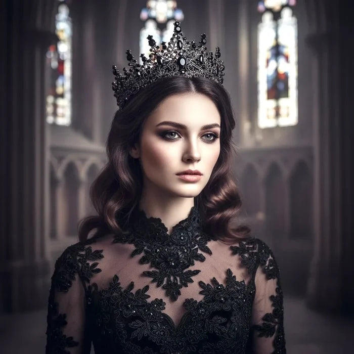 Gothic Bridal Tiara | Antique Gold Wedding Crown with Black Crystals