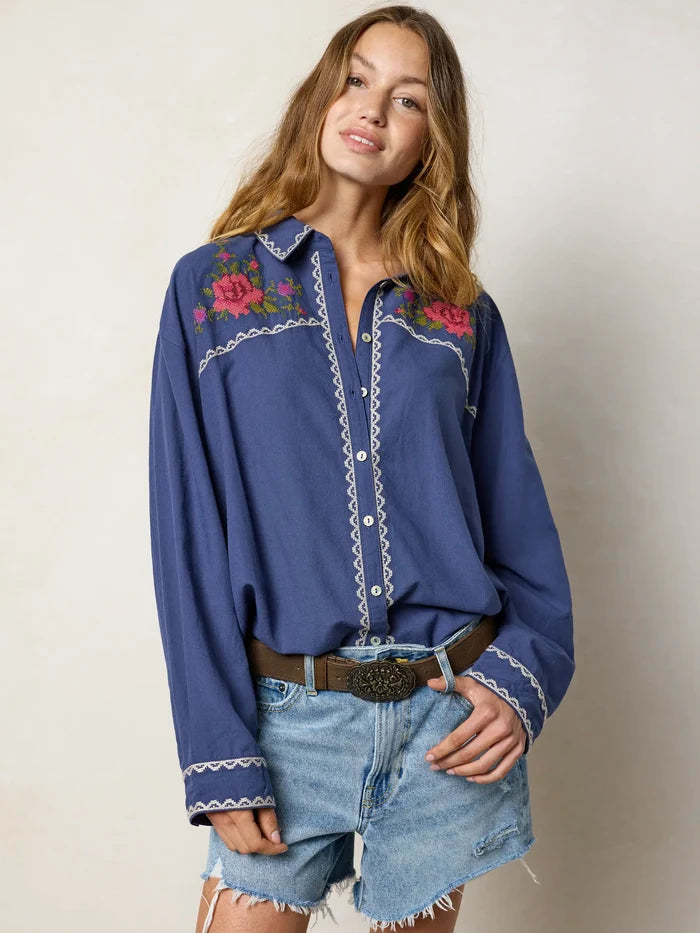 Round Top Embroidered Button Down - Indigo-view 1