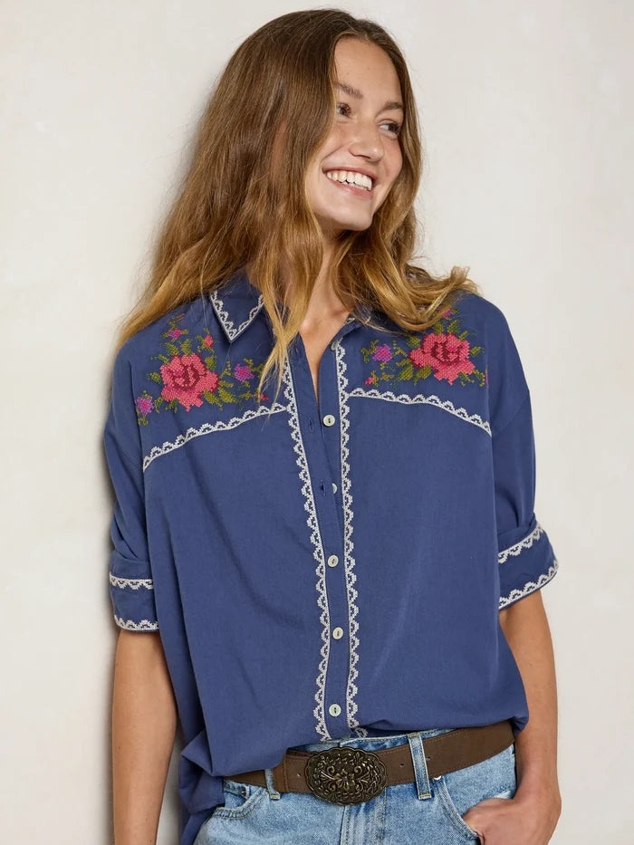 Round Top Embroidered Button Down - Indigo-view 2
