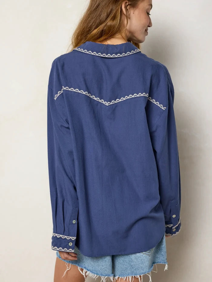 Round Top Embroidered Button Down - Indigo-view 4