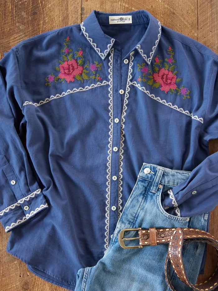 Round Top Embroidered Button Down - Indigo-view 5