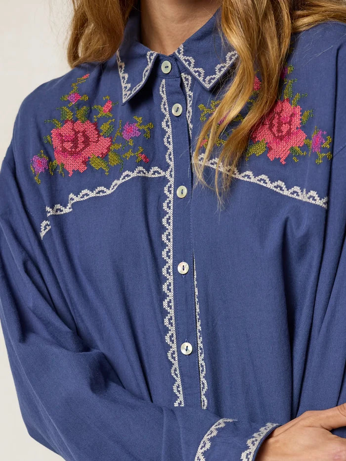 Round Top Embroidered Button Down - Indigo-view 6