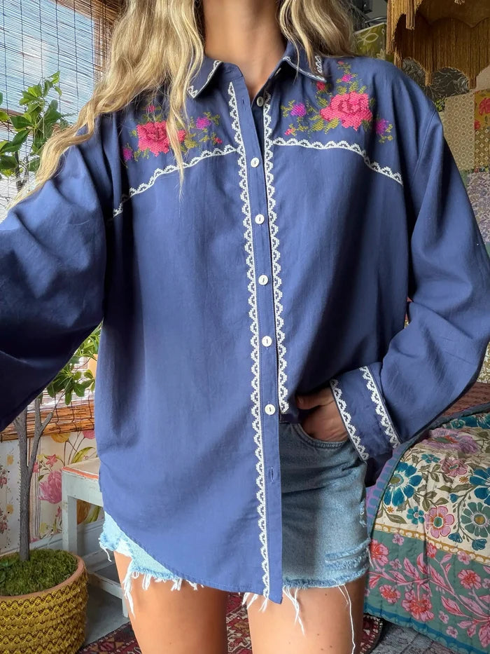 Round Top Embroidered Button Down - Indigo-view 7