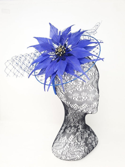 Royal Blue Net Feather Disc Fascinator - Franklins