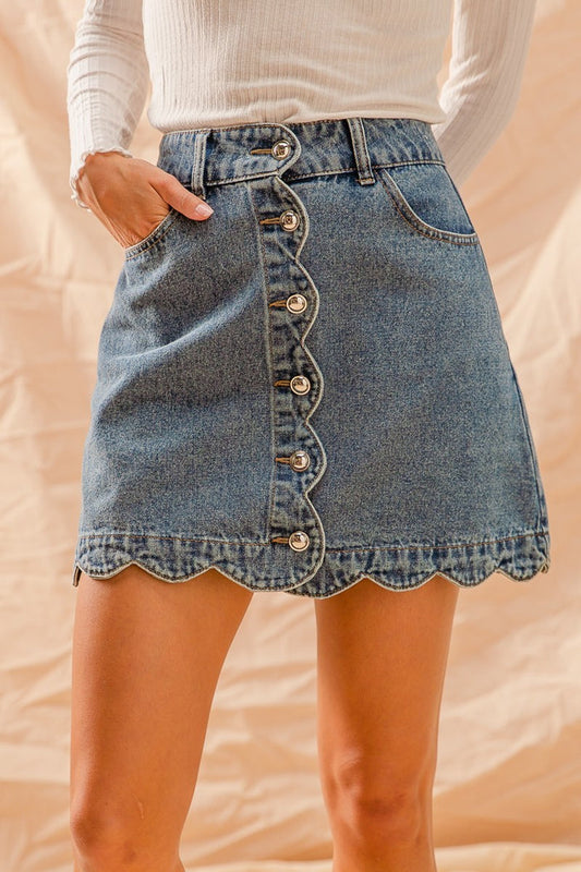 Scallop-edged button front skirt