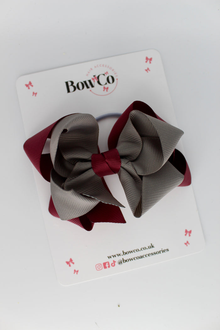 School Bow - Double Loop Bow - Elastic - Burgundy and Metal Grey