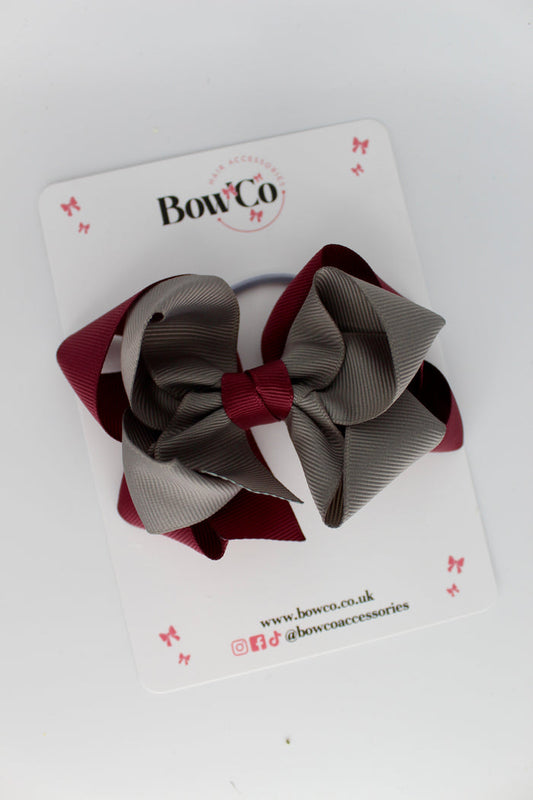 School Bow - Double Loop Bow - Elastic - Burgundy and Metal Grey