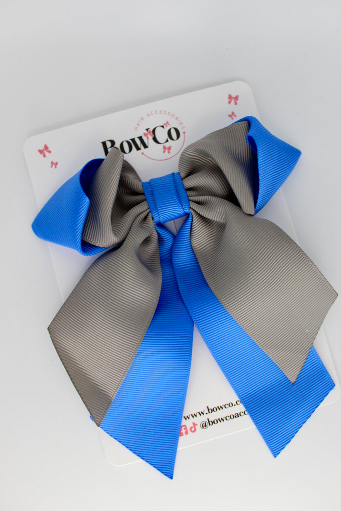 School Bow - Royal Blue and Metal Grey - Loop Tail Hair Bow - Clip