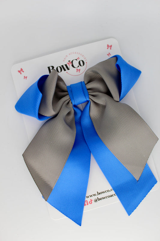 School Bow - Royal Blue and Metal Grey - Loop Tail Hair Bow - Clip