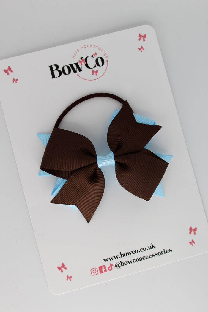 School Bow Blue Topaz and Brown - Layer Tail Bow - Elastic
