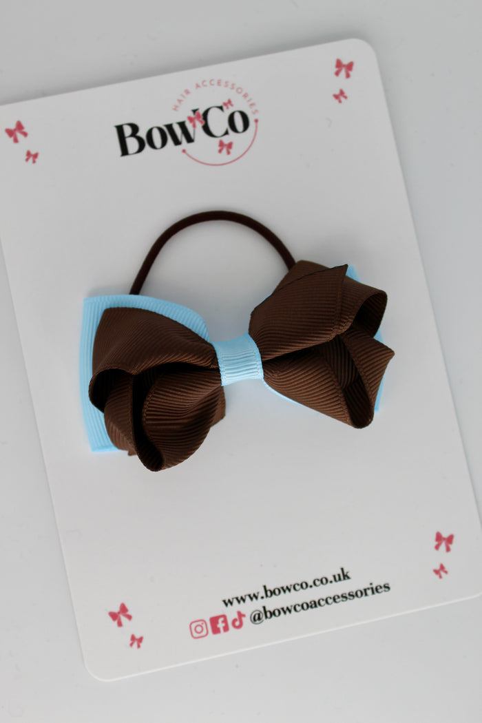 School Bow Blue Topaz and Brown - Pleated Bow - Elastic