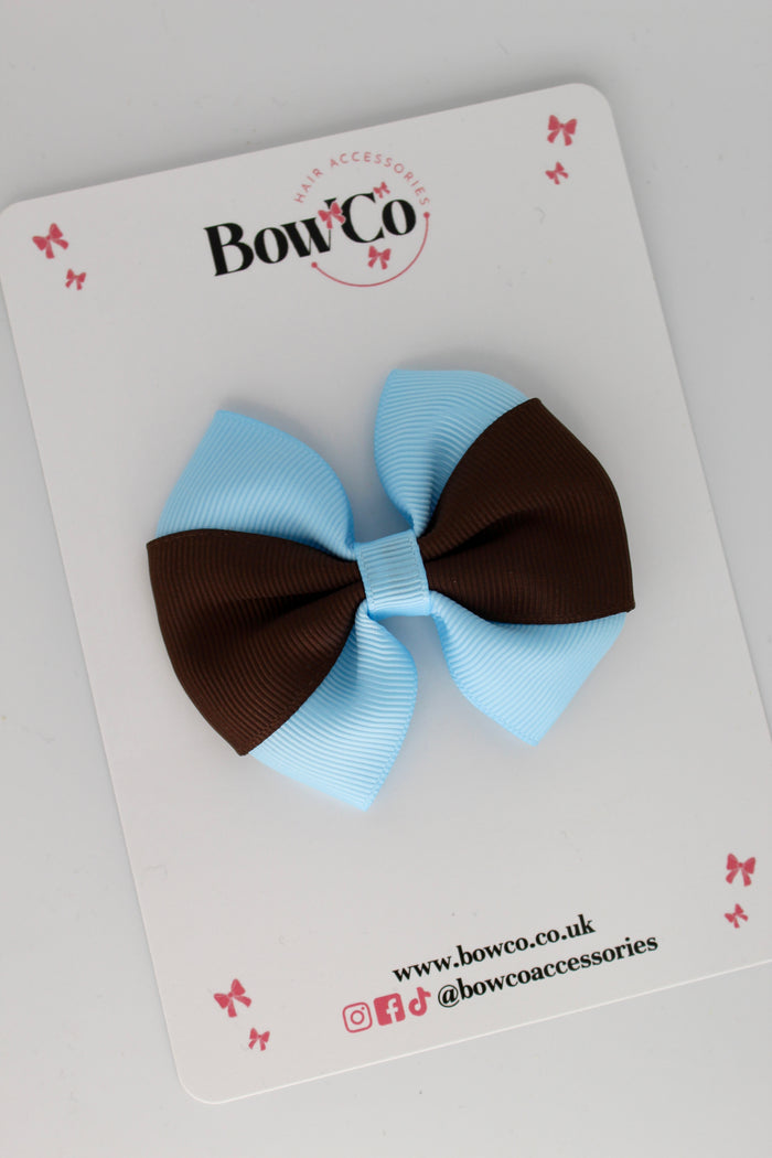 School Bow Blue Topaz and Brown - Round Tuxedo Bow - Clip