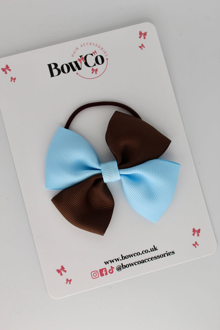 School Bow Blue Topaz and Brown - Twist Bow - Elastic