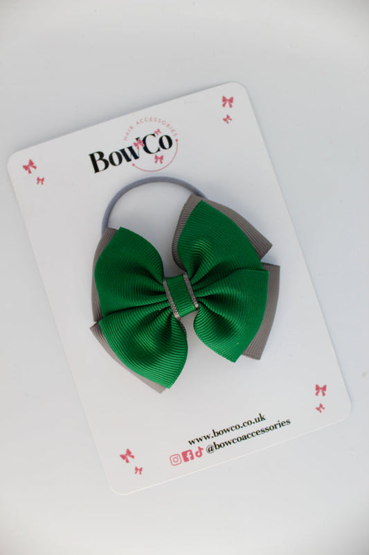 School Bow Forest Green and Grey - Layer Edge Bow - Elastic