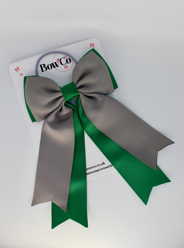 School Bow Green and Grey - Classic Tail Bow - Elastic