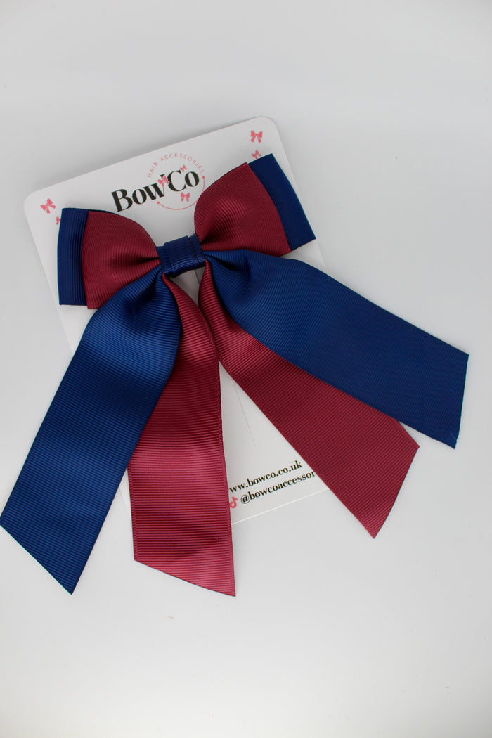 School Bow Navy Blue and Burgundy - Double Layer Tail Bow - Clip