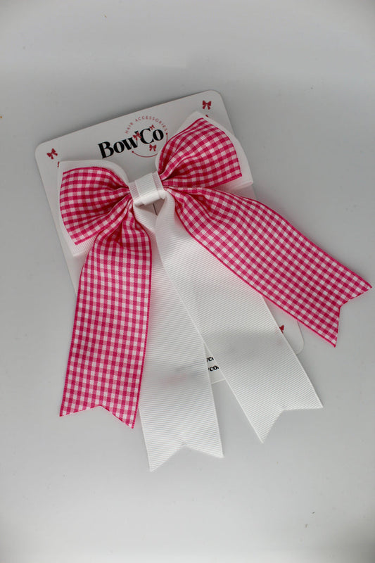 School Pink Gingham Classic Tail Bow - Clip