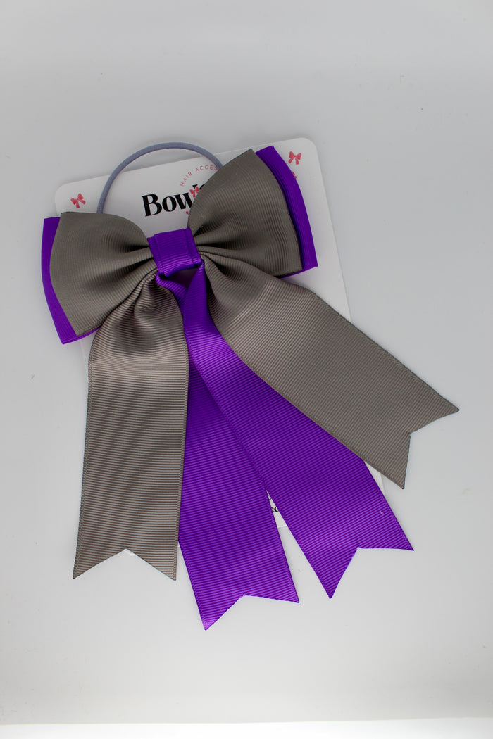 School Bow Purple and Metal Grey - Classic Tail Bow - Elastic