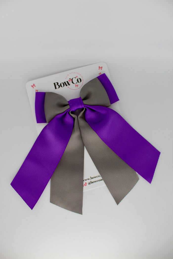 School Bow Purple and Metal Grey - Double Layer Tail Bow - Clip