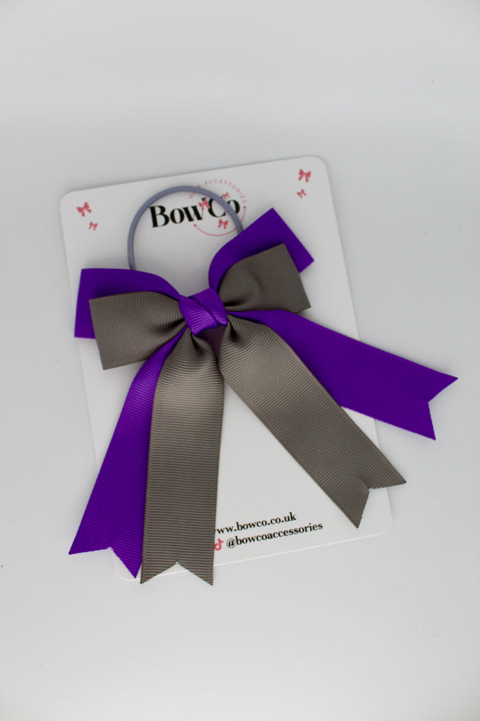 School Bow Purple and Metal Grey - Double Ribbon Tail – Elastic
