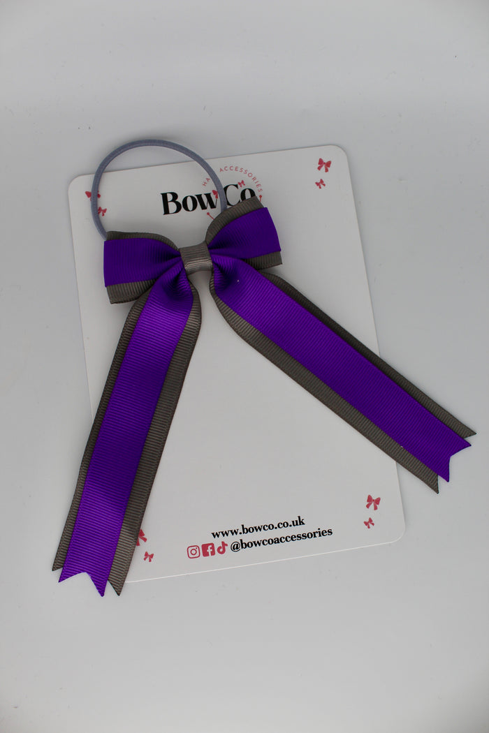 School Bow Purple and Metal Grey - Tuxedo Tails Bow - Elastic