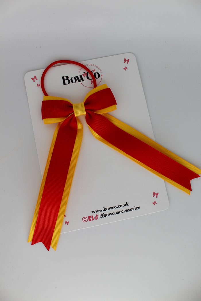 School Bow Red and Yellow Gold - Tuxedo Tails Bow - Elastic
