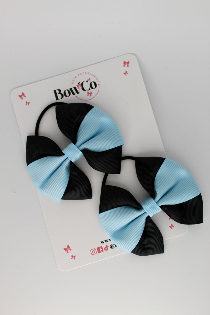 School Bows - Black and Blue Topaz - Round Tuxedo Bow Set - Elastic