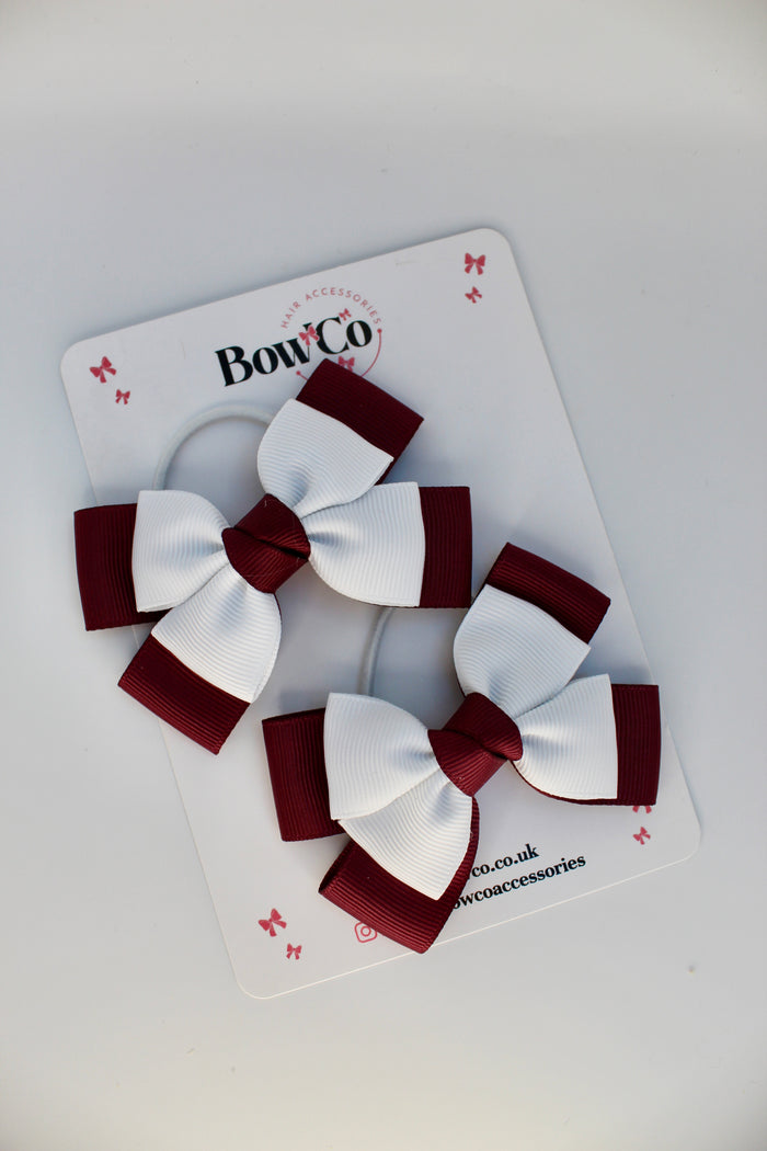 School Bows Burgundy and White - Layer Bow Set - Elastic