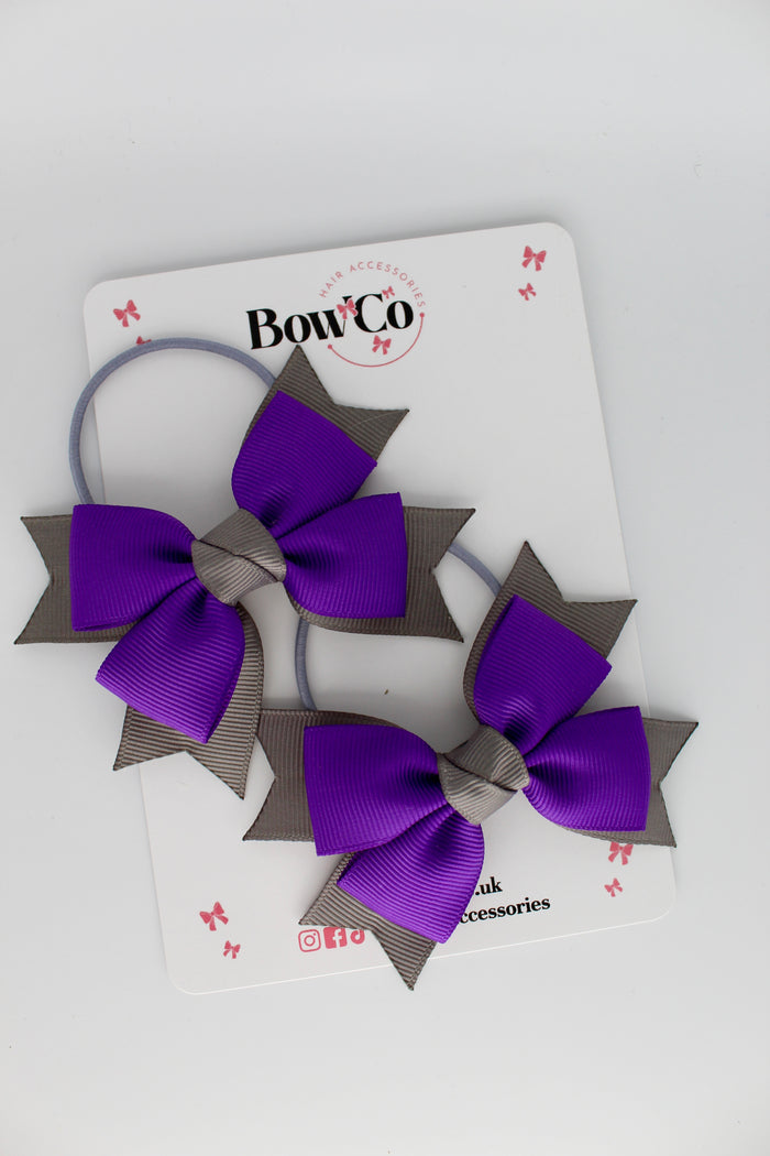School Bows Purple and Metal Grey - Knot Bow Set - Elastic