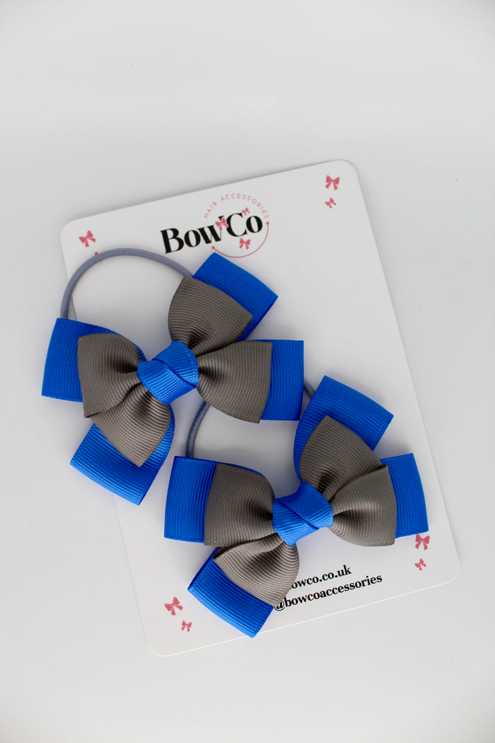 School Bows Royal Blue and Metal Grey - Layer Bow Set - Elastic