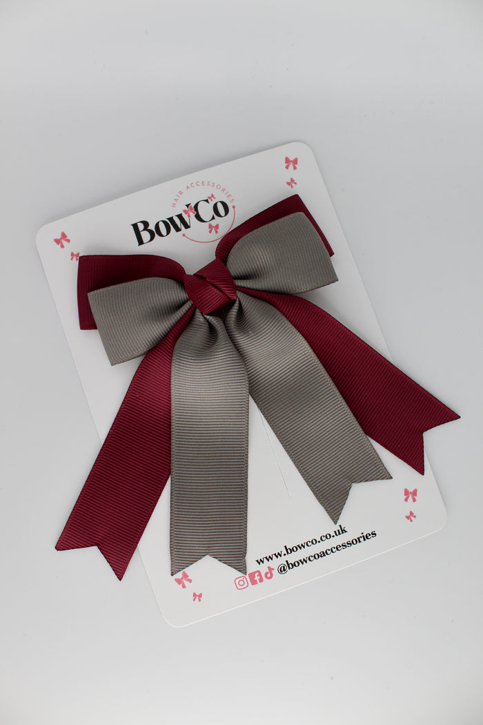 School Burgundy and Grey Double Ribbon Tail Bow – Clip
