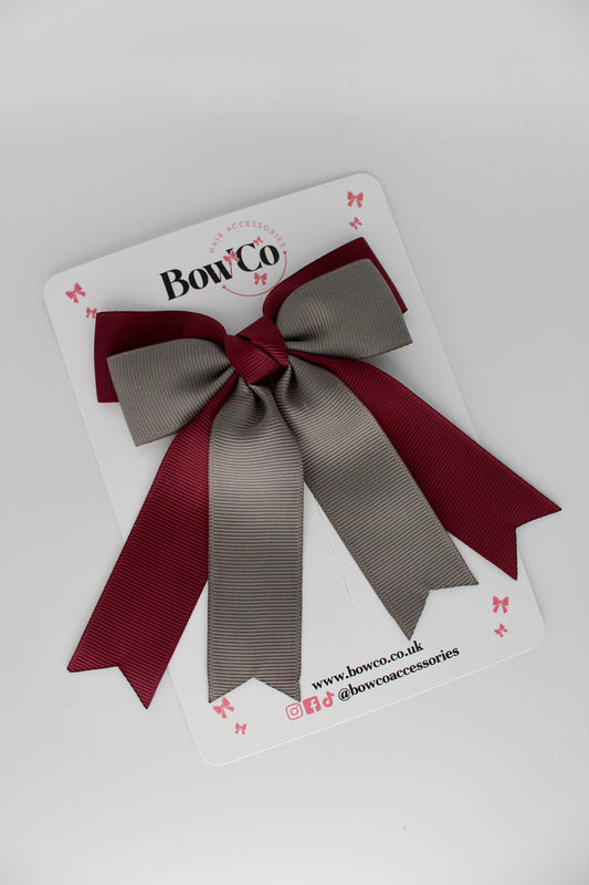 School Burgundy and Grey Double Ribbon Tail Bow – Clip