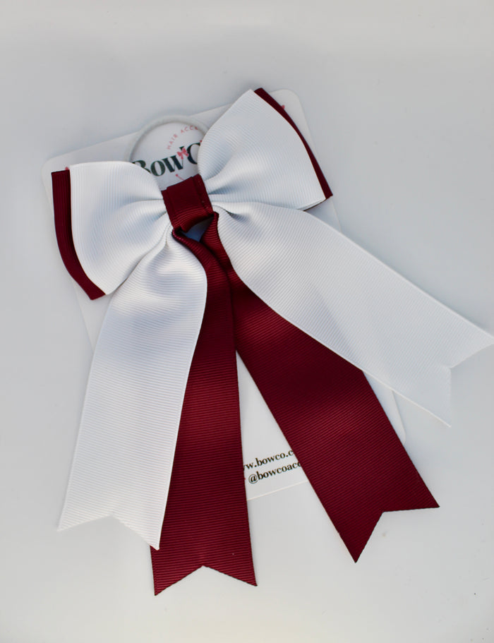 School Burgundy and White Bow - Classic Tail Bow - Elastic