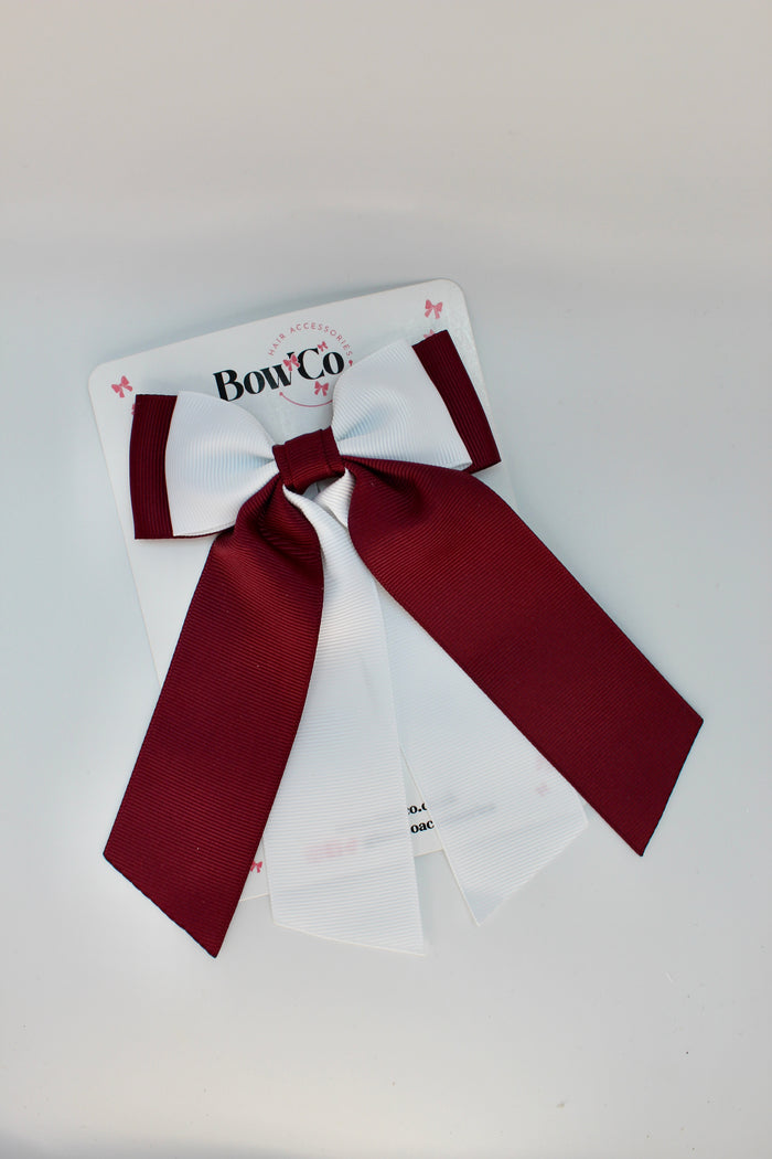 School Burgundy and White Bow - Double Layer Tail Bow - Clip