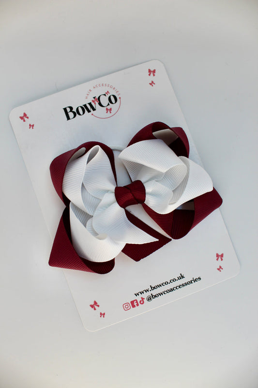 School Burgundy and White Bow - Double Loop Bow - Elastic