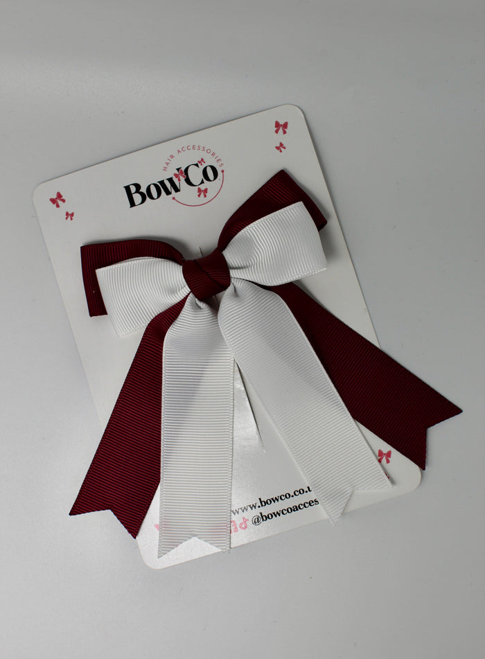 School Burgundy and White Bow - Double Ribbon Tail – Clip