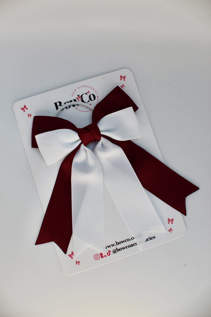 School Burgundy and White Bow - Double Ribbon Tail – Elastic