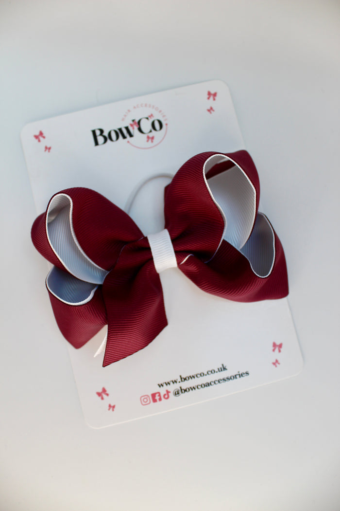 School Burgundy and White Bow - Loop Bow - Elastic