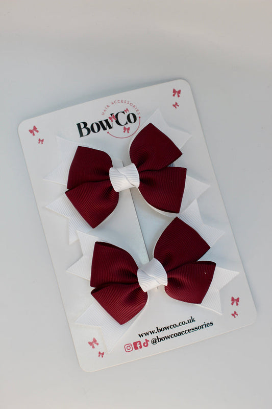 School Burgundy and White Bows - Knot Bow Set - Clip