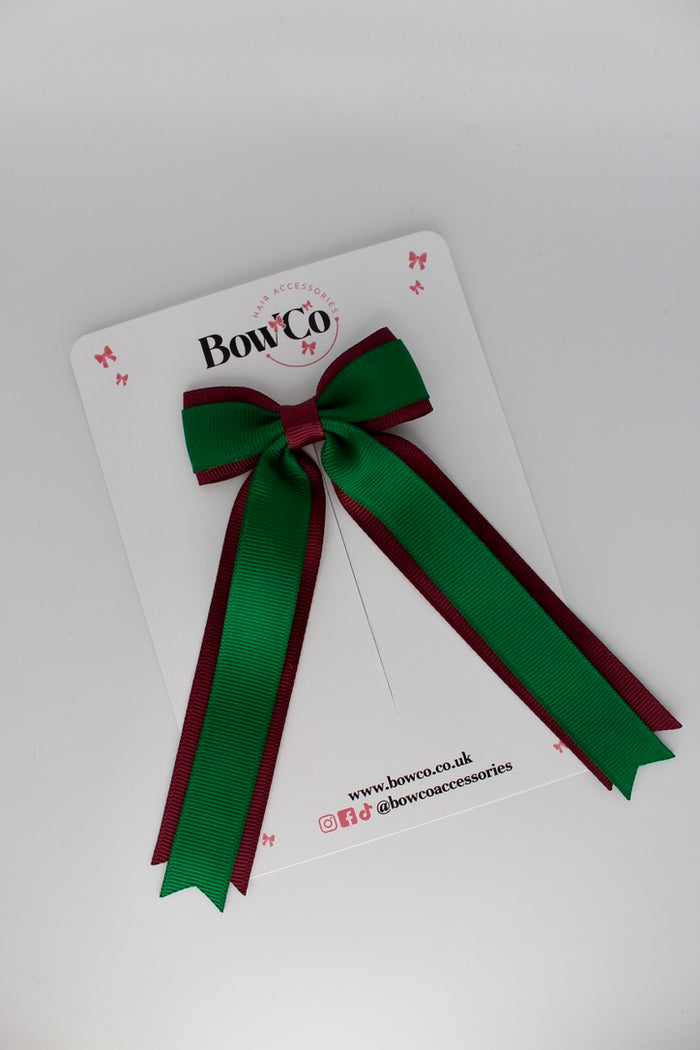 School Green and Burgundy Tuxedo Tails Bow – Clip