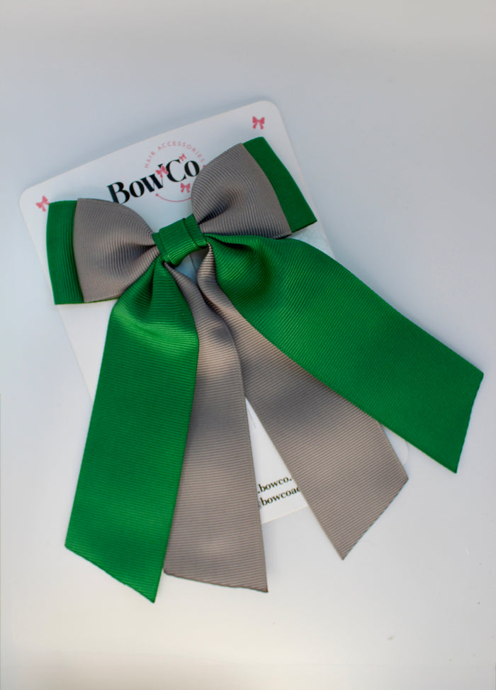 School Green and Grey Bow - Double Layer Tail Bow - Clip