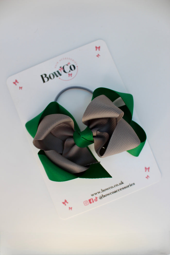 School Green and Grey Bow - Double Loop Bow - Elastic