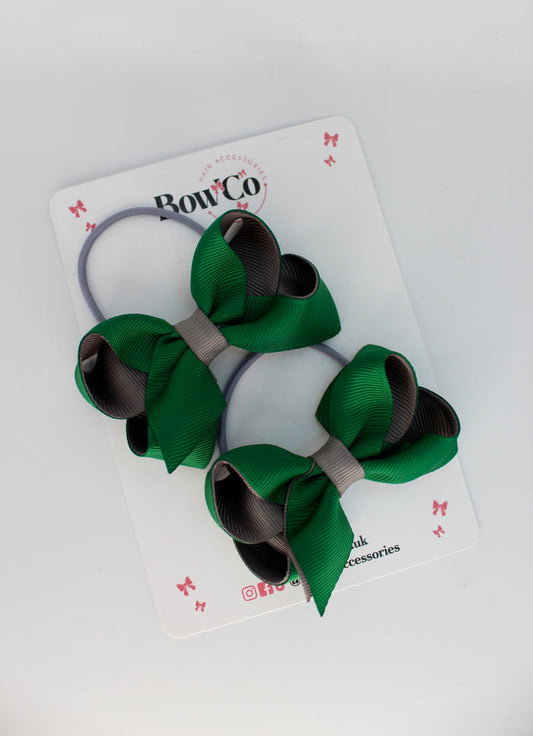 School Green and Grey Bows - Loop Bow Set - Elastic
