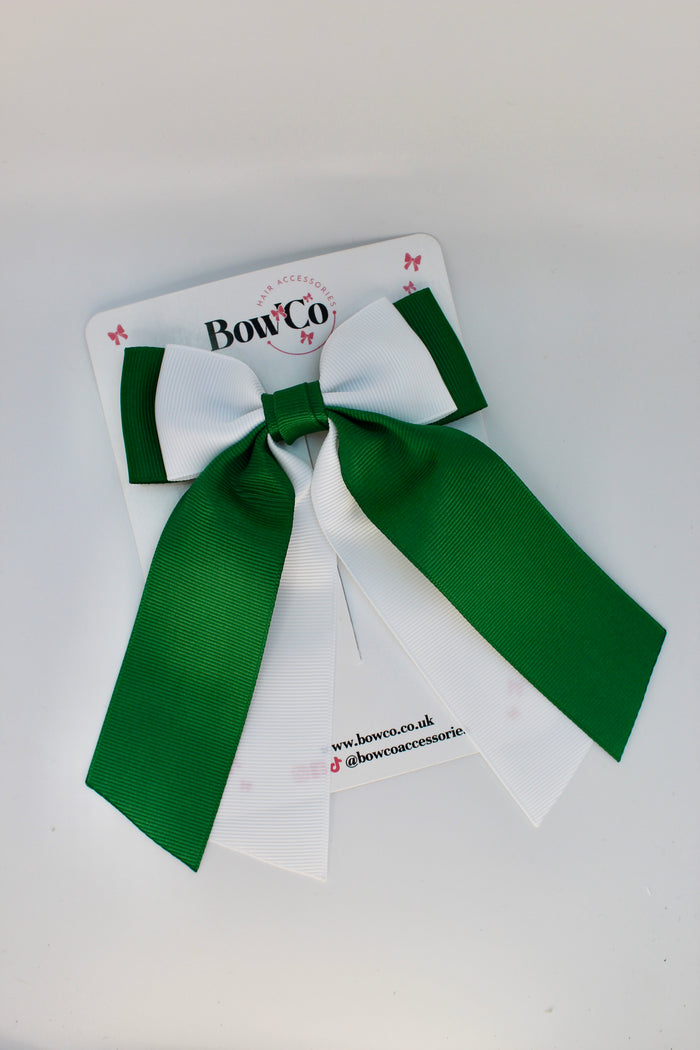School Green and White Bow - Double Layer Tail Bow - Clip